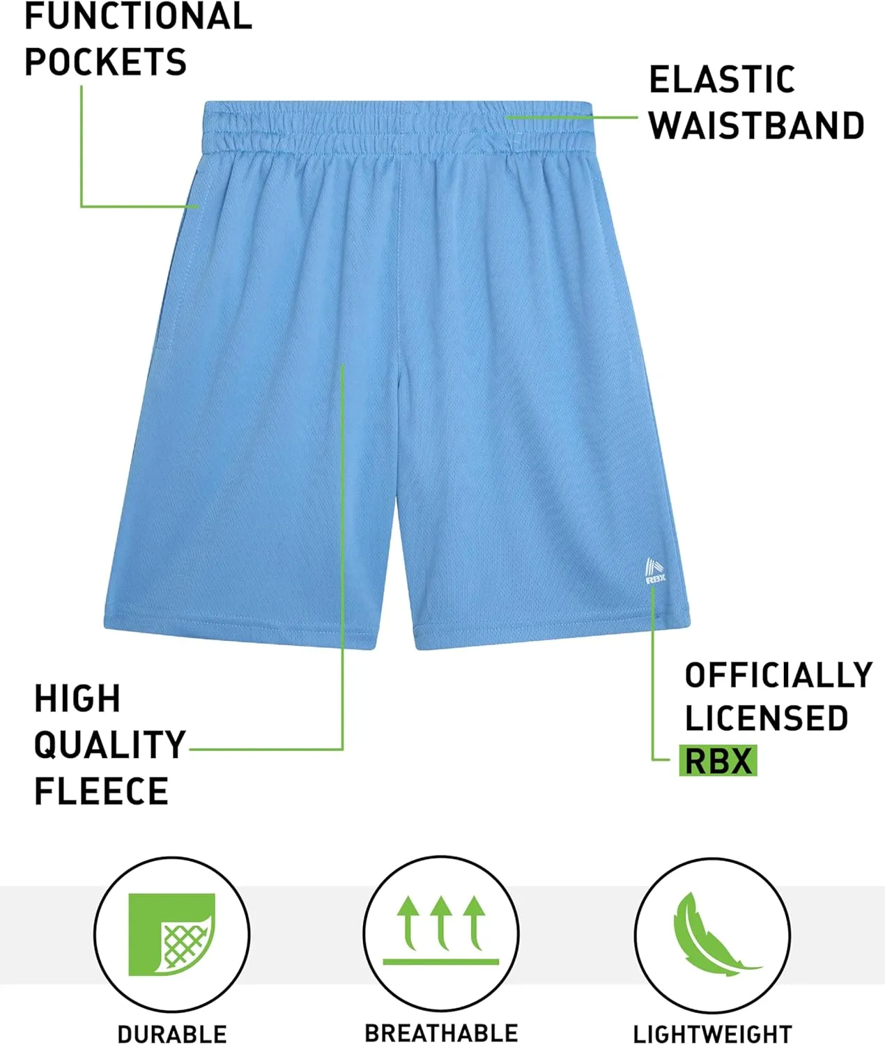 RBX Boys' Active Shorts - 5 Pack Sports Performance Mesh Gym Shorts with Elastic Waistband and Heat Seal Logo (Sizes: 8-16)