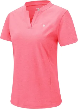 Rdruko Women's Golf Shirts Short Sleeve Dry Fit V Neck Tennis Tops Quick Dry Athletic Work Polo Shirts UPF 50 , Rose Red, L