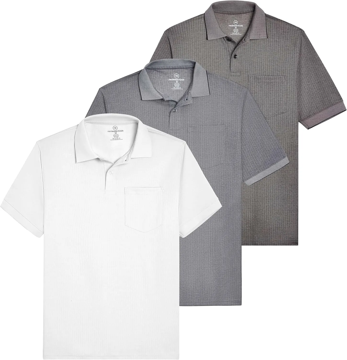 Real Essentials 3 Pack: Men's Regular-Fit Ribbed Polo Shirt with Pocket (Available in Big & Tall)