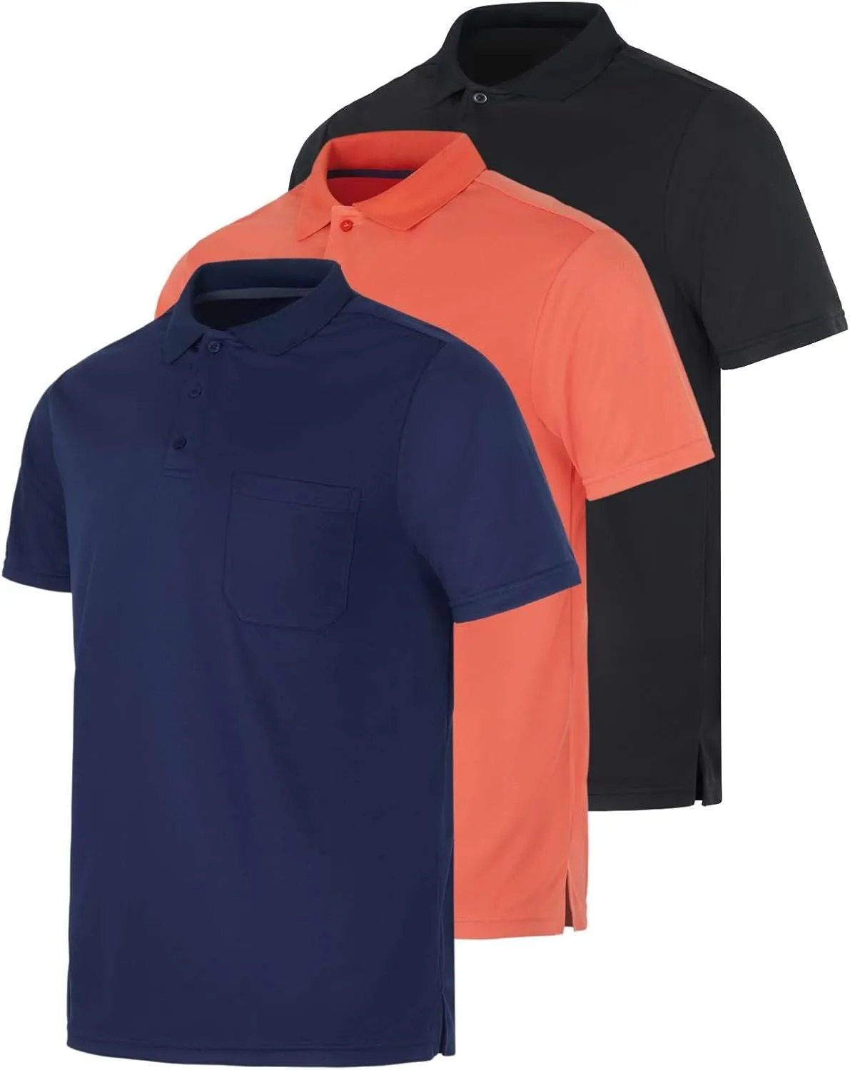 Real Essentials 3 Pack: Mens Short Sleeve Dry-Fit Collared Polo Shirt with Pocket - Active Casual (Available Big & Tall)