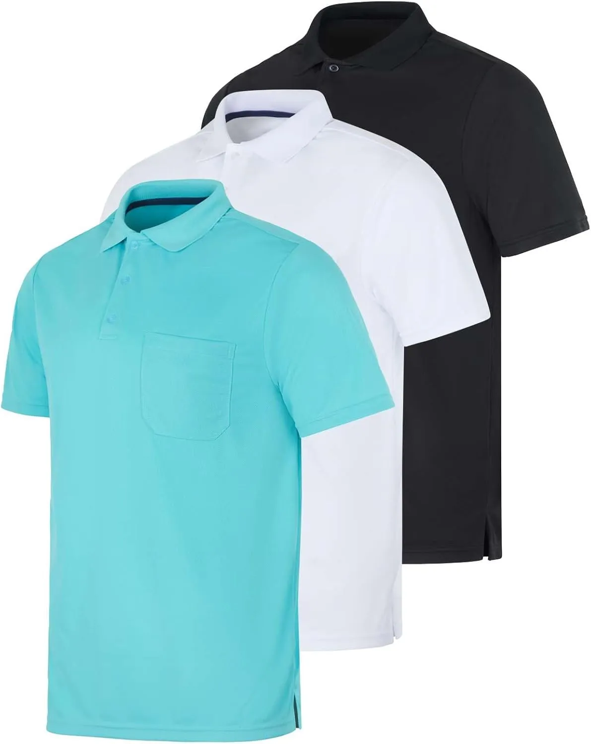 Real Essentials 3 Pack: Mens Short Sleeve Dry-Fit Collared Polo Shirt with Pocket - Active Casual (Available Big & Tall)