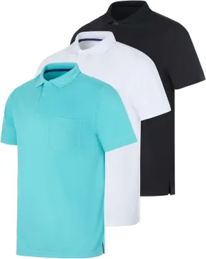 Real Essentials 3 Pack: Mens Short Sleeve Dry-Fit Collared Polo Shirt with Pocket - Active Casual (Available Big & Tall)