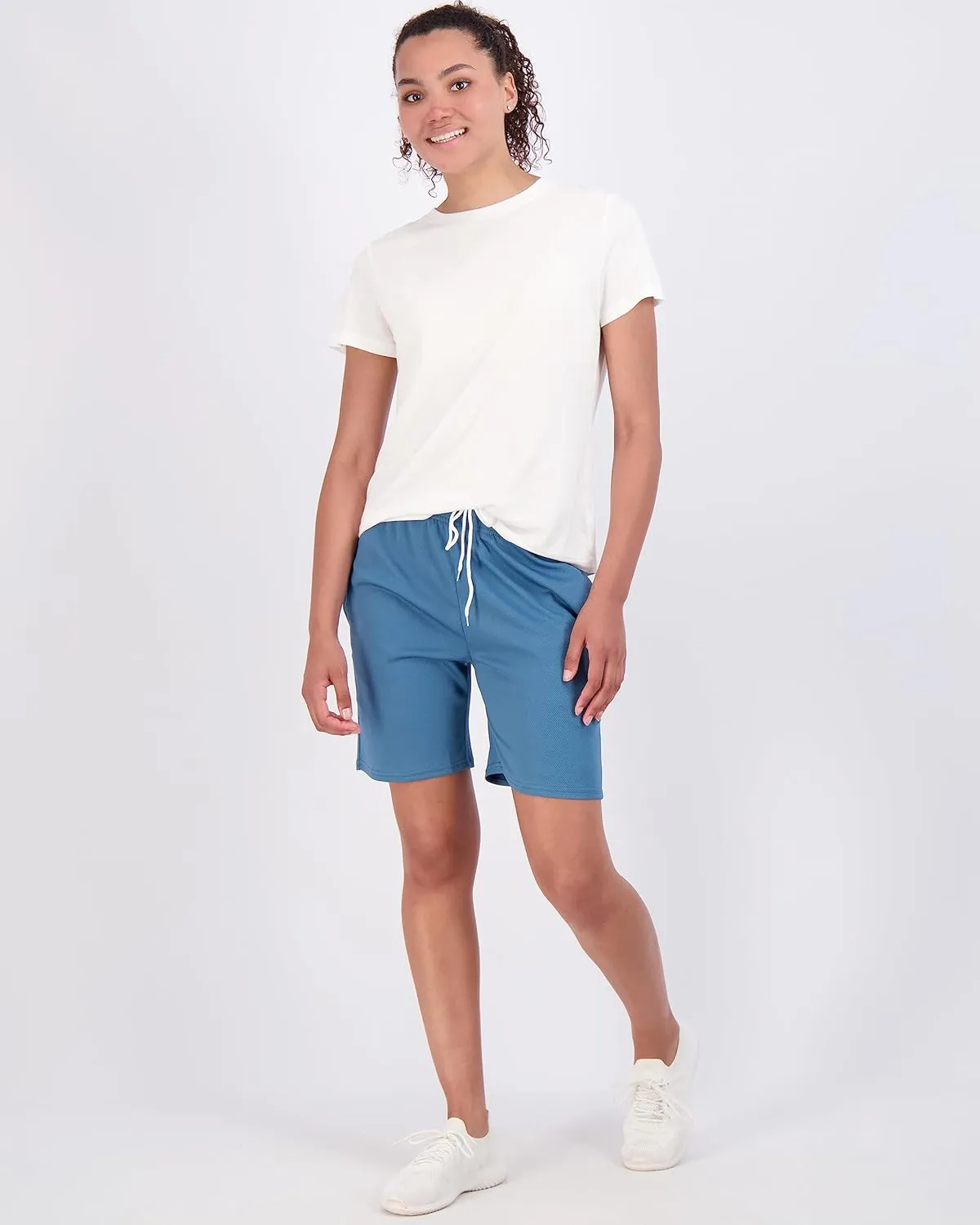 Real Essentials 4-Pack: Women's 7" Mesh Quick-Dry Bermuda Active Athletic Long Shorts with Pockets (Available in Plus Size)