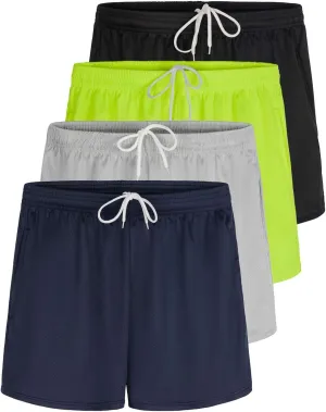 Real Essentials 4 Pack: Womens Active Athletic Performance Mesh Shorts with Pockets (Available in Plus Size)
