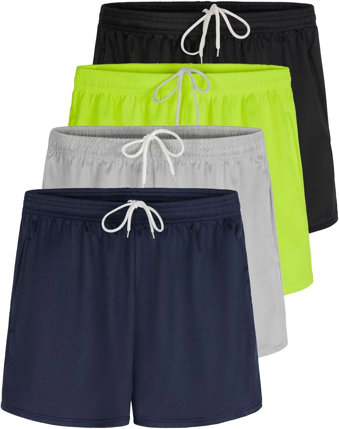 Real Essentials 4 Pack: Womens Active Athletic Performance Mesh Shorts with Pockets (Available in Plus Size)