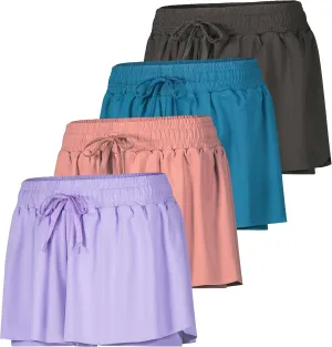 Real Essentials 4 Pack: Womens Flowy Dry Fit Running Short - Gym Yoga Workout Summer Shorts (Available in Plus Size)