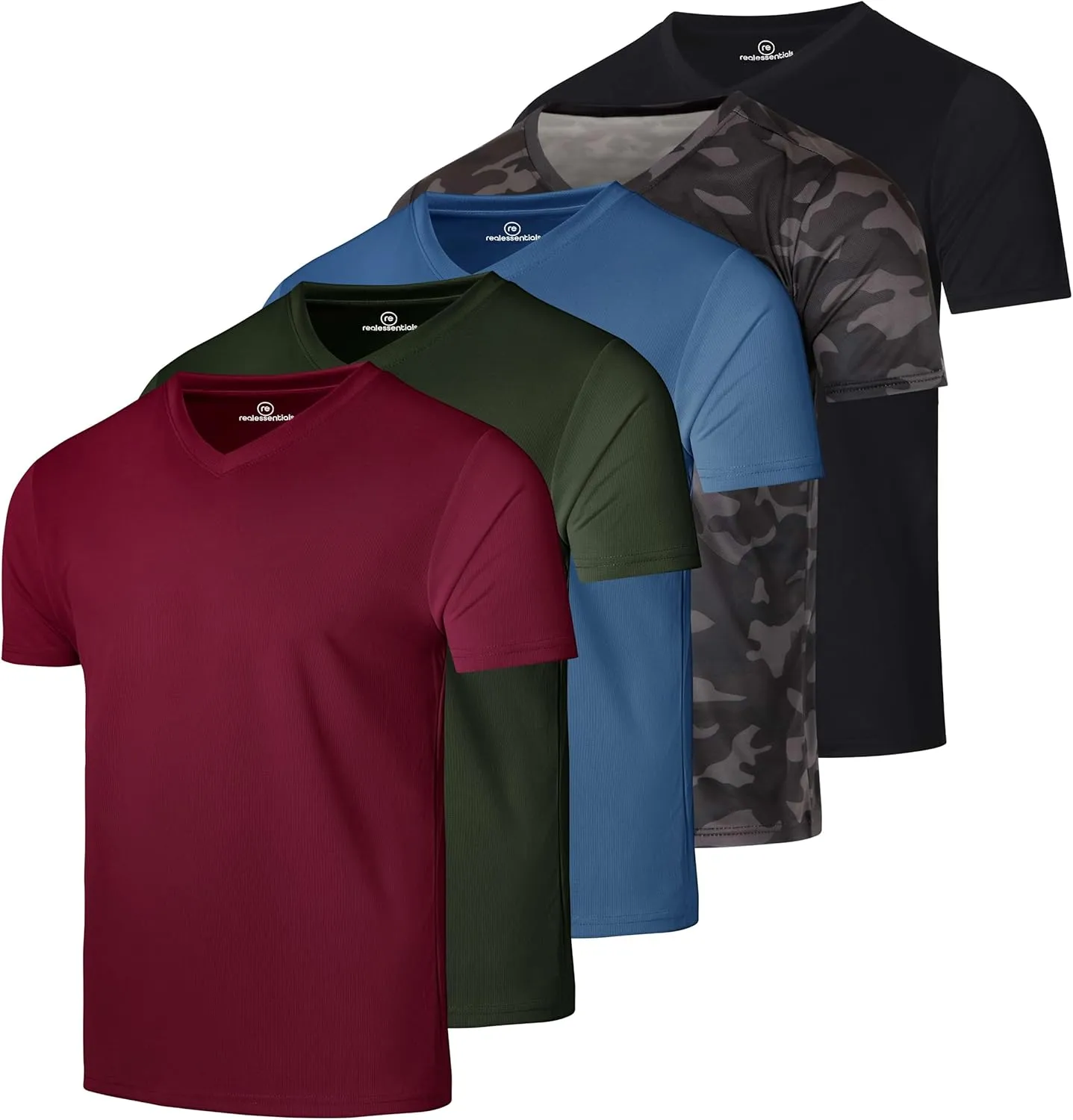 Real Essentials 5 Pack: Men's Mesh Quick Dry Short Sleeve V-Neck T-Shirt - Athletic Performance (Available in Big & Tall)