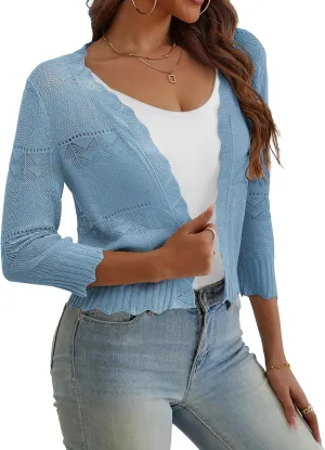 REDHOTYPE Women's Cropped Cardigan Open Front 3/4 Sleeve Shrugs Summer Lightweight Cardigans Sweater for Women,Black,S