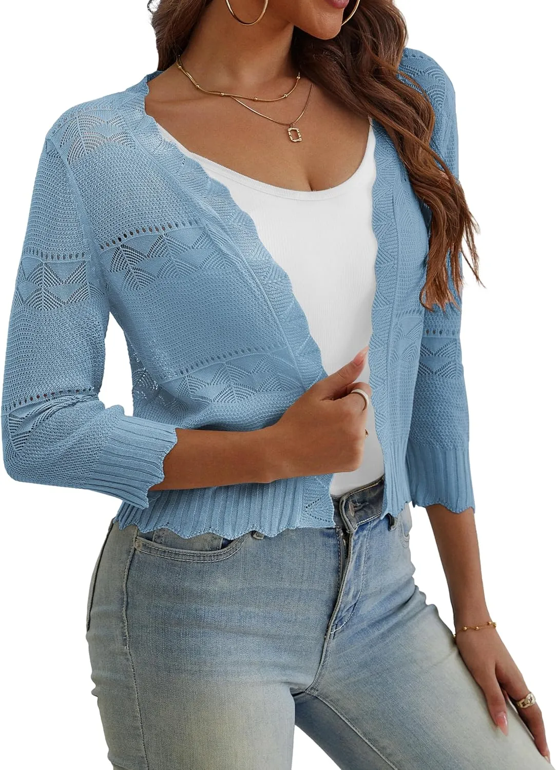 REDHOTYPE Women's Cropped Cardigan Open Front 3/4 Sleeve Shrugs Summer Lightweight Cardigans Sweater for Women,Black,S