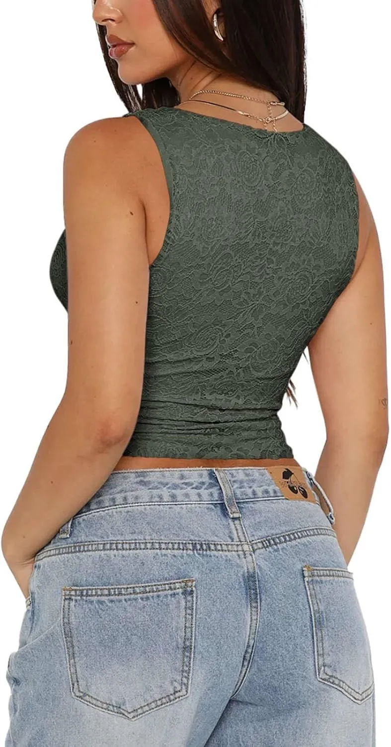REORIA Womens Sexy V-Neck Sleeveless Double Lined Going Out Y2K Trendy Lace Cropped Tank Tops