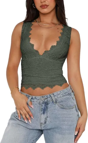 REORIA Womens Sexy V-Neck Sleeveless Double Lined Going Out Y2K Trendy Lace Cropped Tank Tops