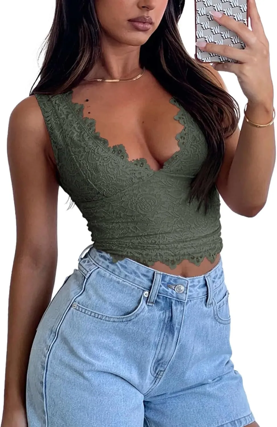 REORIA Womens Sexy V-Neck Sleeveless Double Lined Going Out Y2K Trendy Lace Cropped Tank Tops