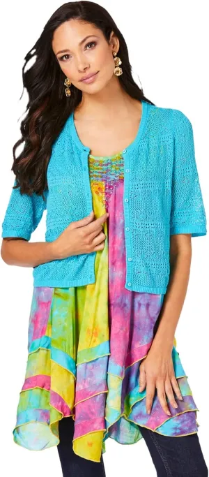 Roaman's Women's Plus Size Cropped Pointelle Short Sleeve Cardigan Sweater
