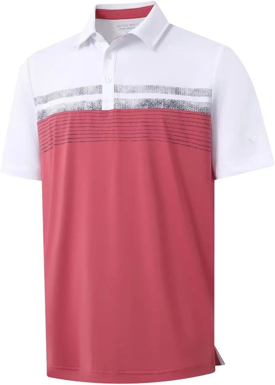 Rouen Polo Shirts for Men Quick Dry Regular Fit Casual Color Block Chest Print Active Short Sleeve Collared Mens Golf Shirt