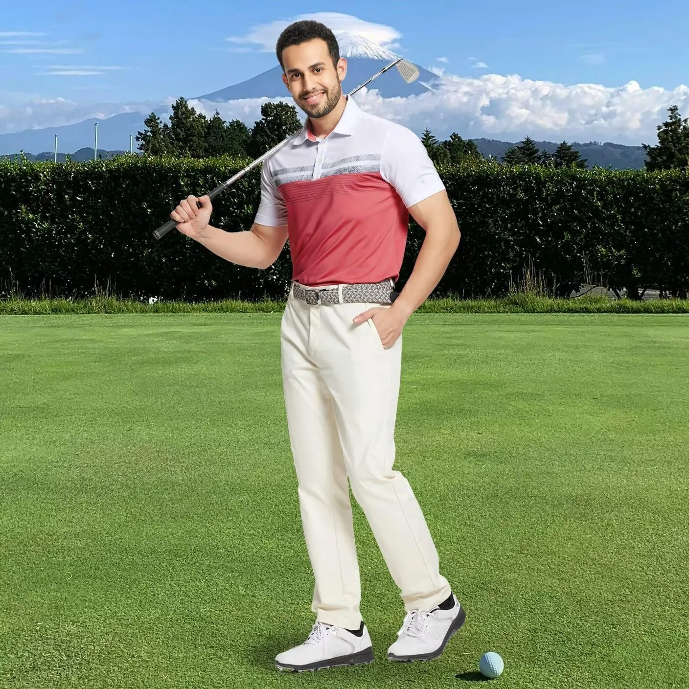 Rouen Polo Shirts for Men Quick Dry Regular Fit Casual Color Block Chest Print Active Short Sleeve Collared Mens Golf Shirt