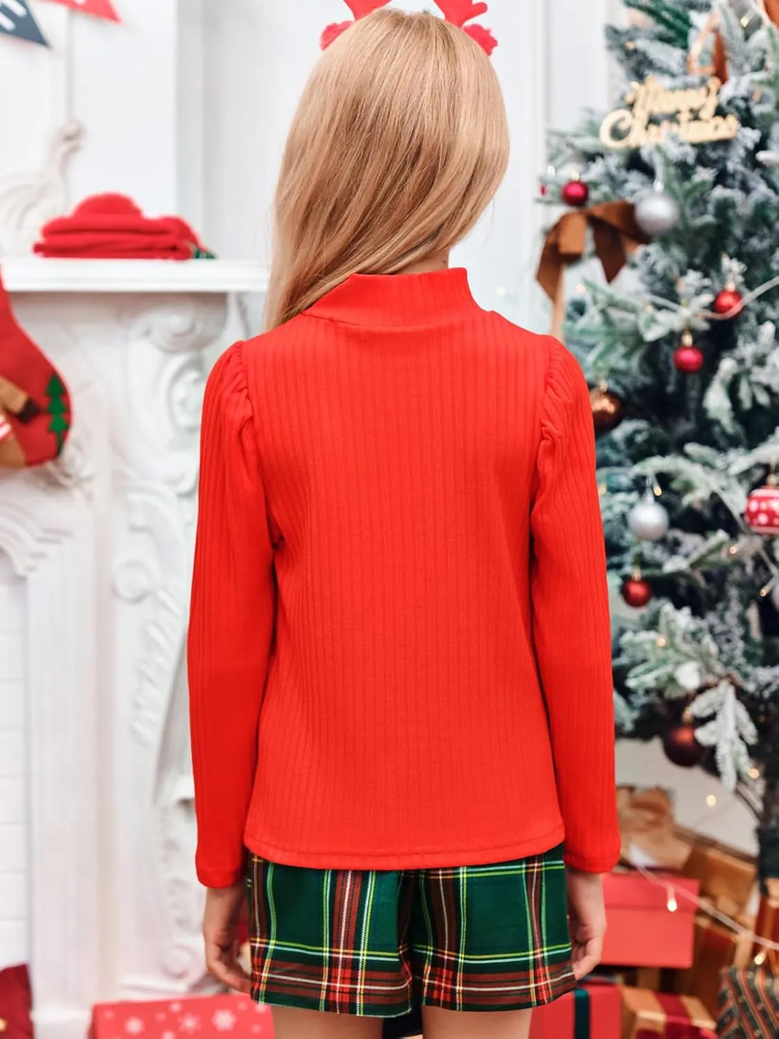rrhss Girls 2 Piece Christmas Outfit Long Sleeve Ribbed Turtleneck Tops and Plaid Skorts Skirt Sets