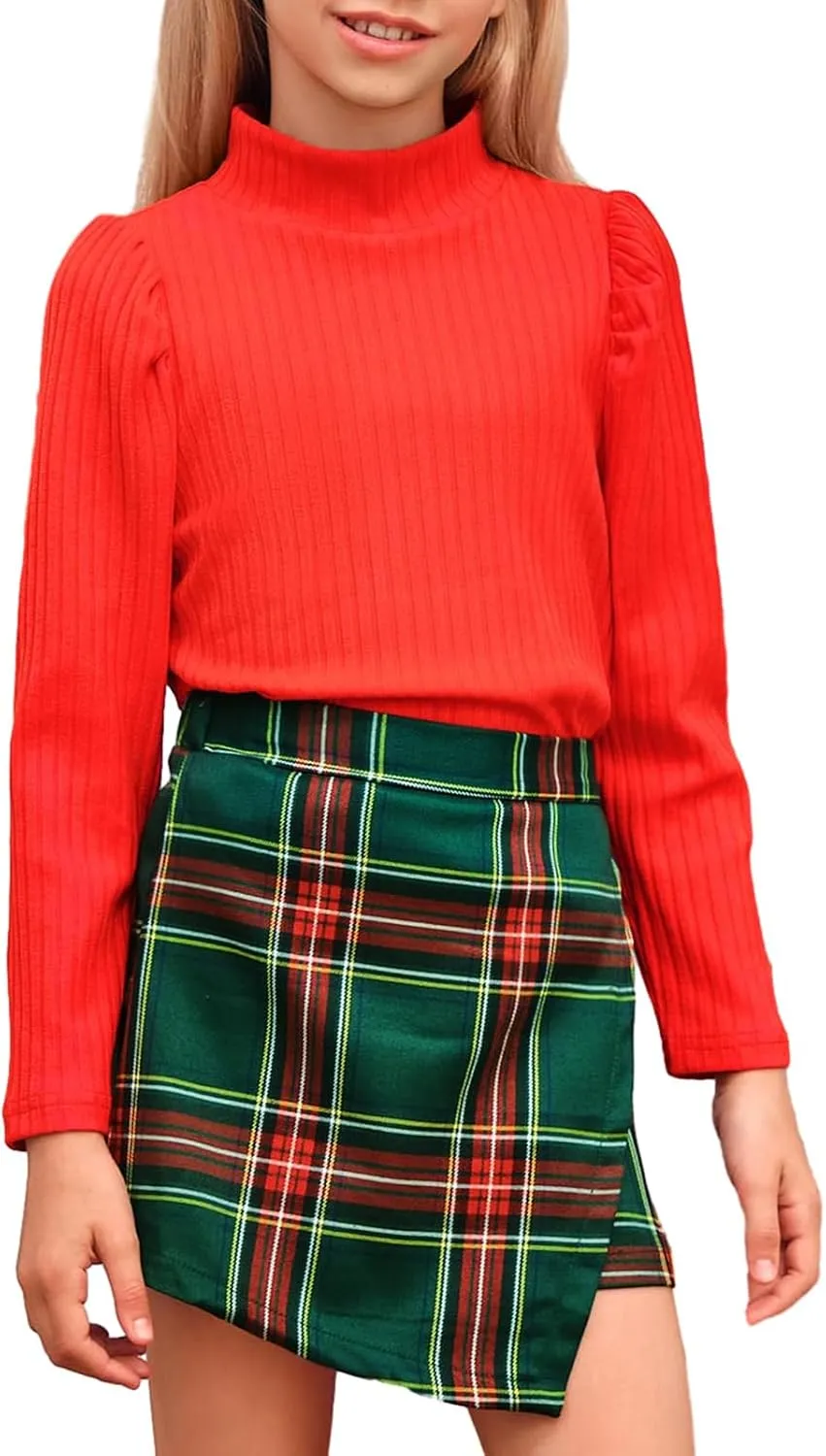 rrhss Girls 2 Piece Christmas Outfit Long Sleeve Ribbed Turtleneck Tops and Plaid Skorts Skirt Sets