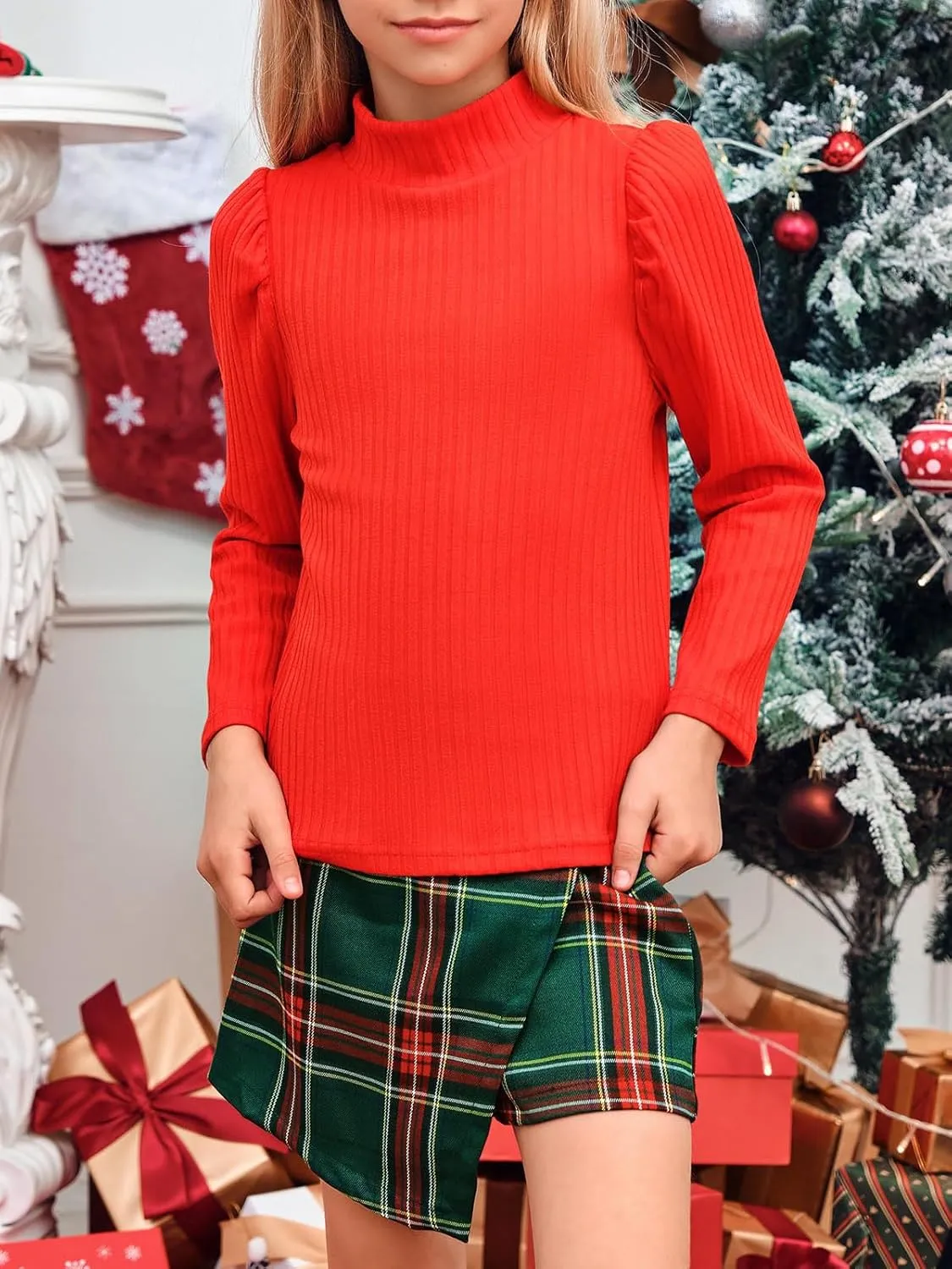 rrhss Girls 2 Piece Christmas Outfit Long Sleeve Ribbed Turtleneck Tops and Plaid Skorts Skirt Sets