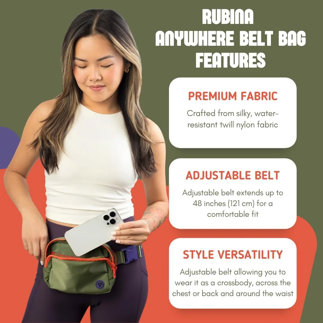 Rubina Anywhere Belt Bag | Crossbody Bag for Women | Unisex Hip Waist Pack for Hiking, Workout, Running, Traveling, Festivals | Chest Bag | Adjustable Strap | Evergreen (Olive/Orange)