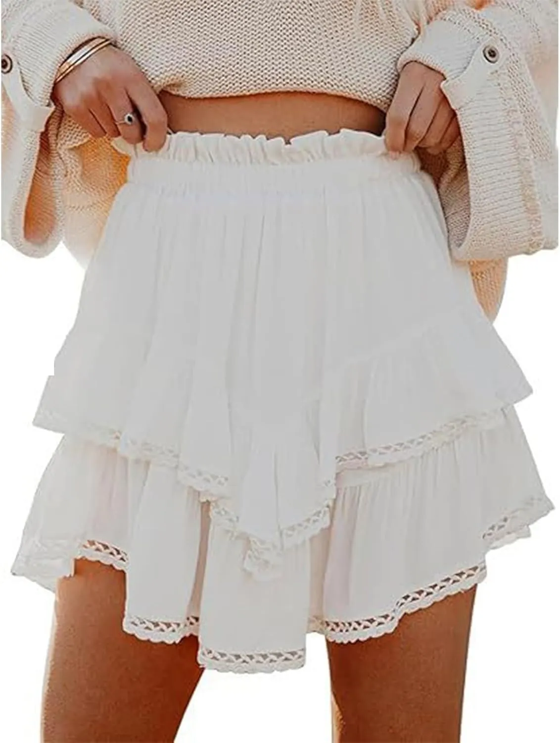 Ruffle Skorts for Woman, Boho Tiered Flowy Short Skirt, High Waist Mini Skirts, Y2K Golf Tennis Clothes(White,M)
