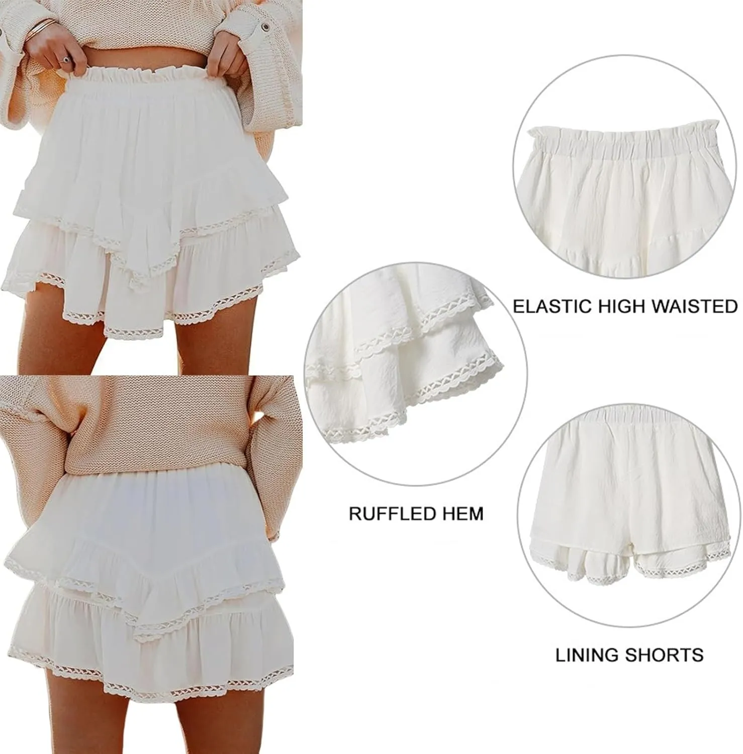 Ruffle Skorts for Woman, Boho Tiered Flowy Short Skirt, High Waist Mini Skirts, Y2K Golf Tennis Clothes(White,M)