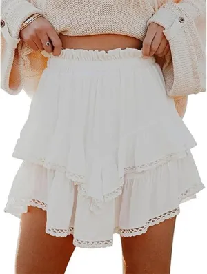 Ruffle Skorts for Woman, Boho Tiered Flowy Short Skirt, High Waist Mini Skirts, Y2K Golf Tennis Clothes(White,M)