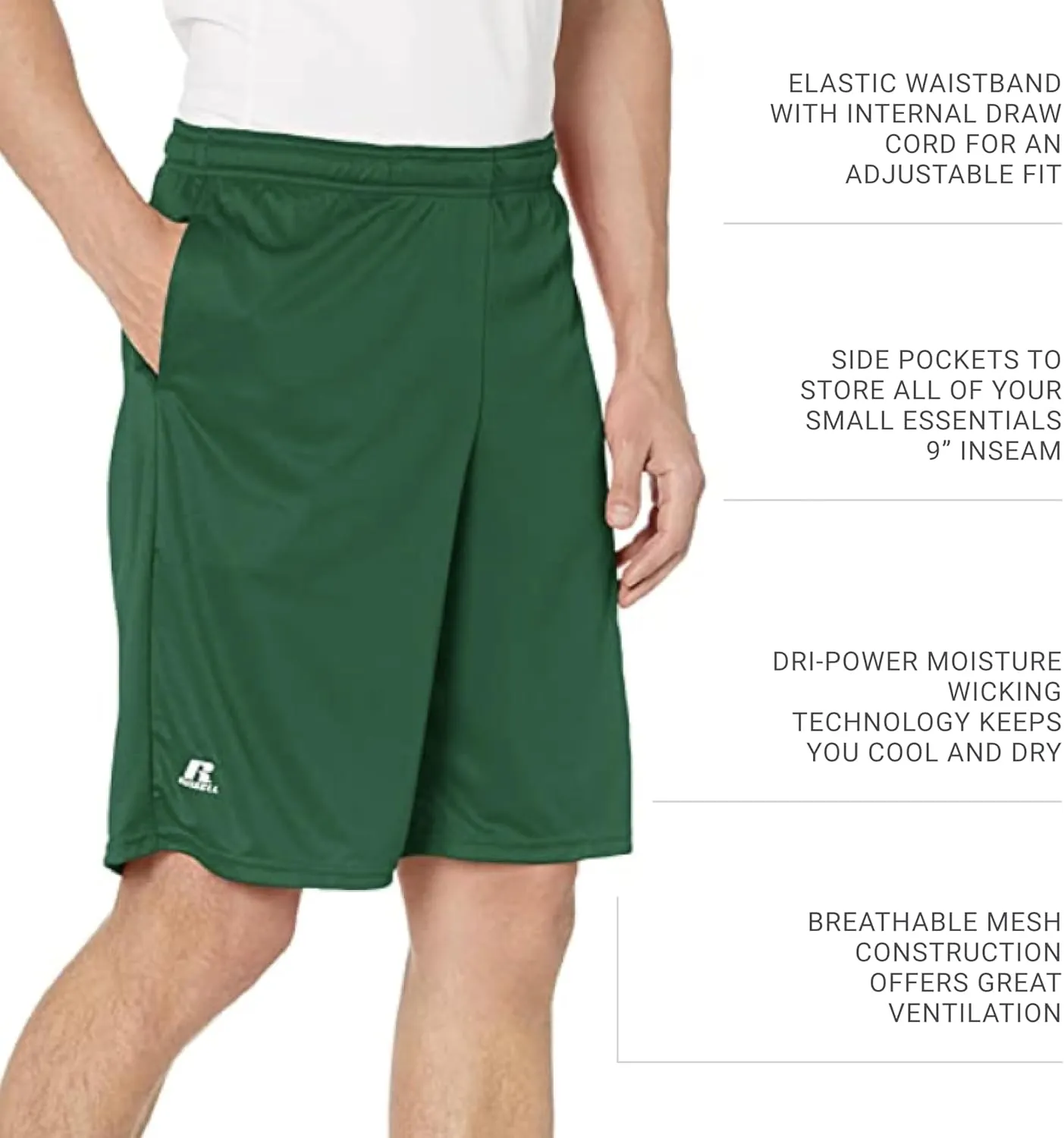 Russell Athletics Men's Dri Power Essential Performance Shorts with Pocket - Workout and Gym Active Wear