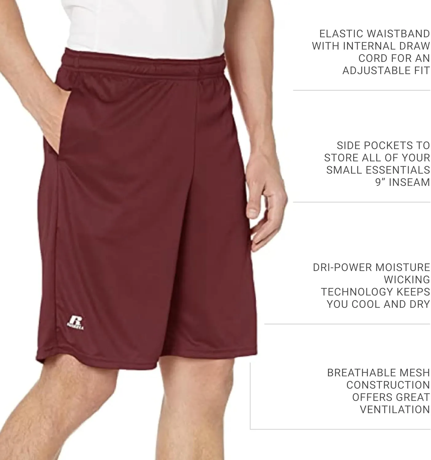 Russell Athletics Men's Dri Power Essential Performance Shorts with Pocket - Workout and Gym Active Wear