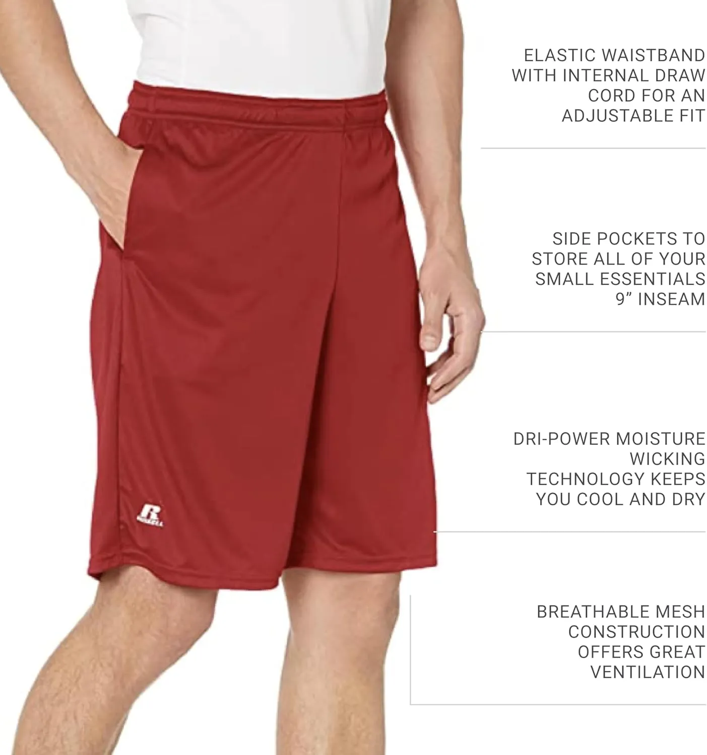Russell Athletics Men's Dri Power Essential Performance Shorts with Pocket - Workout and Gym Active Wear