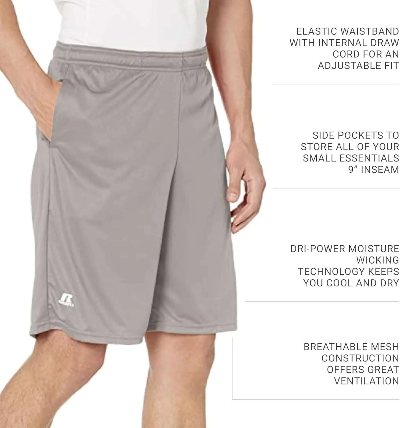 Russell Athletics Men's Dri Power Essential Performance Shorts with Pocket - Workout and Gym Active Wear