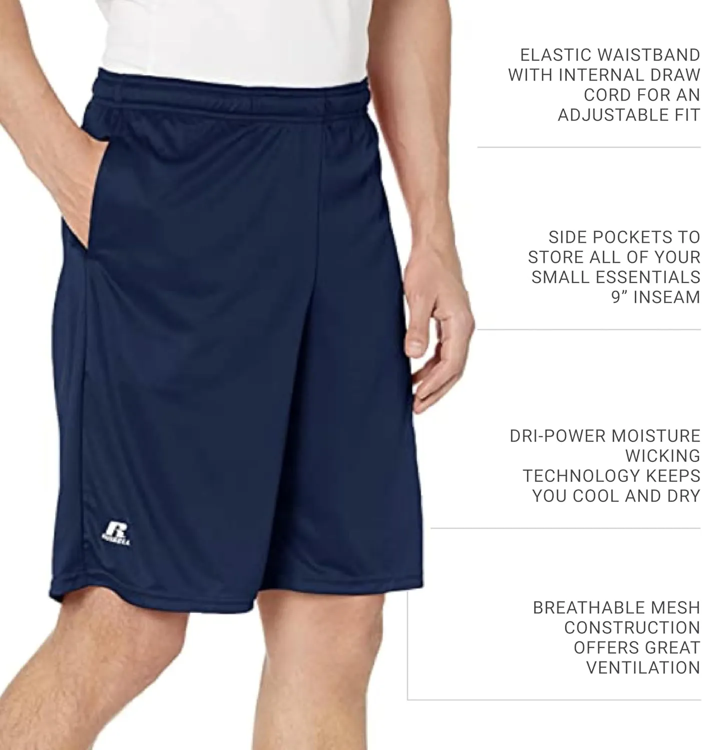Russell Athletics Men's Dri Power Essential Performance Shorts with Pocket - Workout and Gym Active Wear