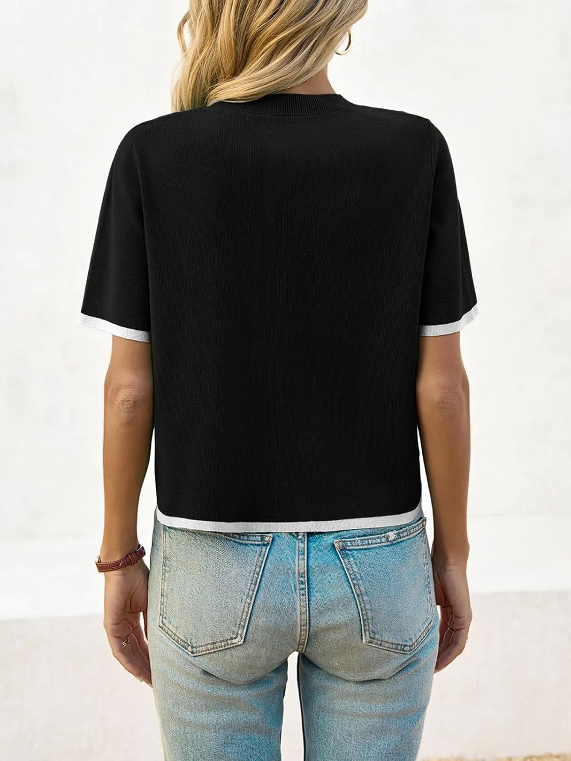 Saodimallsu Womens Short Sleeve Sweater Color Block Crew Neck Summer Crop Tops Loose Casual Knit Shirts with Pockets