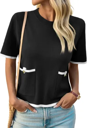 Saodimallsu Womens Short Sleeve Sweater Color Block Crew Neck Summer Crop Tops Loose Casual Knit Shirts with Pockets