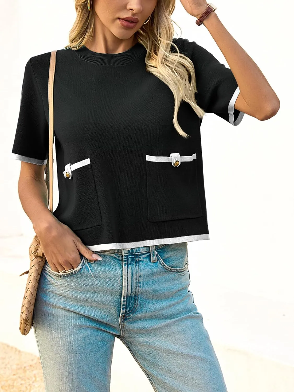Saodimallsu Womens Short Sleeve Sweater Color Block Crew Neck Summer Crop Tops Loose Casual Knit Shirts with Pockets