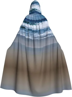 Serene Coastal print Hooded cape for adults, Oversized Hooded Cloak with Bow Tie, Adult party dress cape