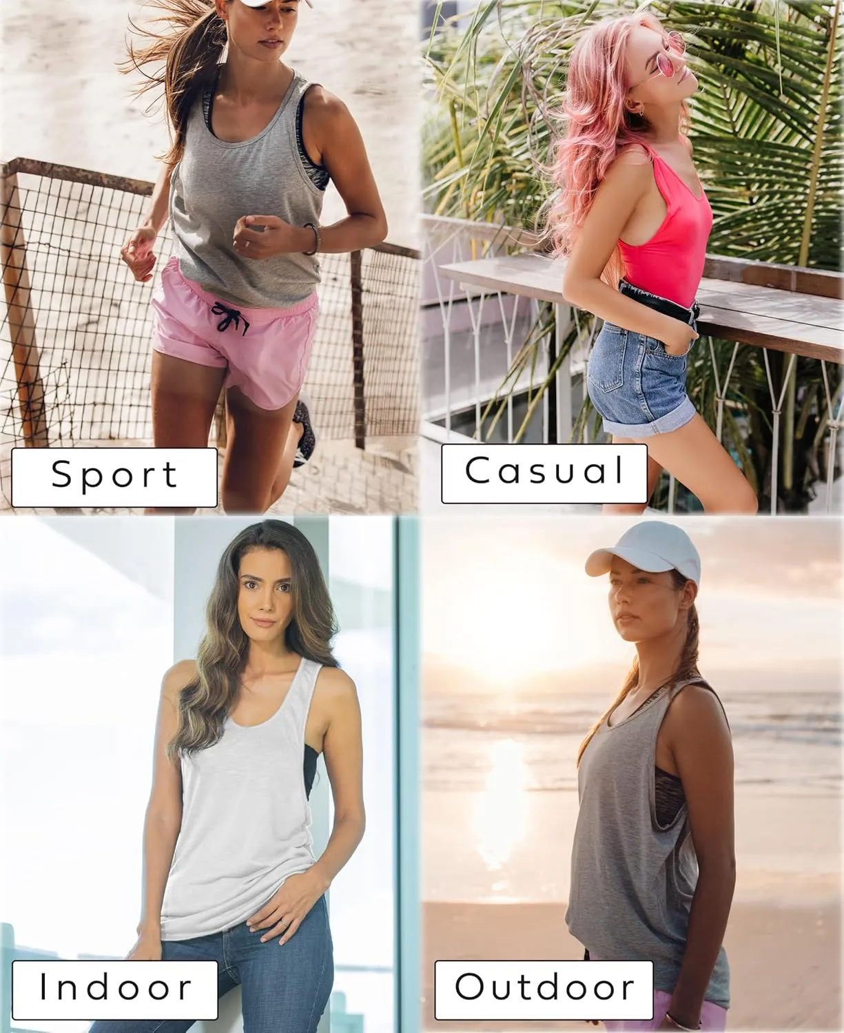 Sexy Basics Womens 6 Pack Active Sport Wide Arm-Hole Loose Fit Work Out Racer Back Tank Tops