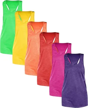 Sexy Basics Womens 6 Pack Active Sport Wide Arm-Hole Loose Fit Work Out Racer Back Tank Tops