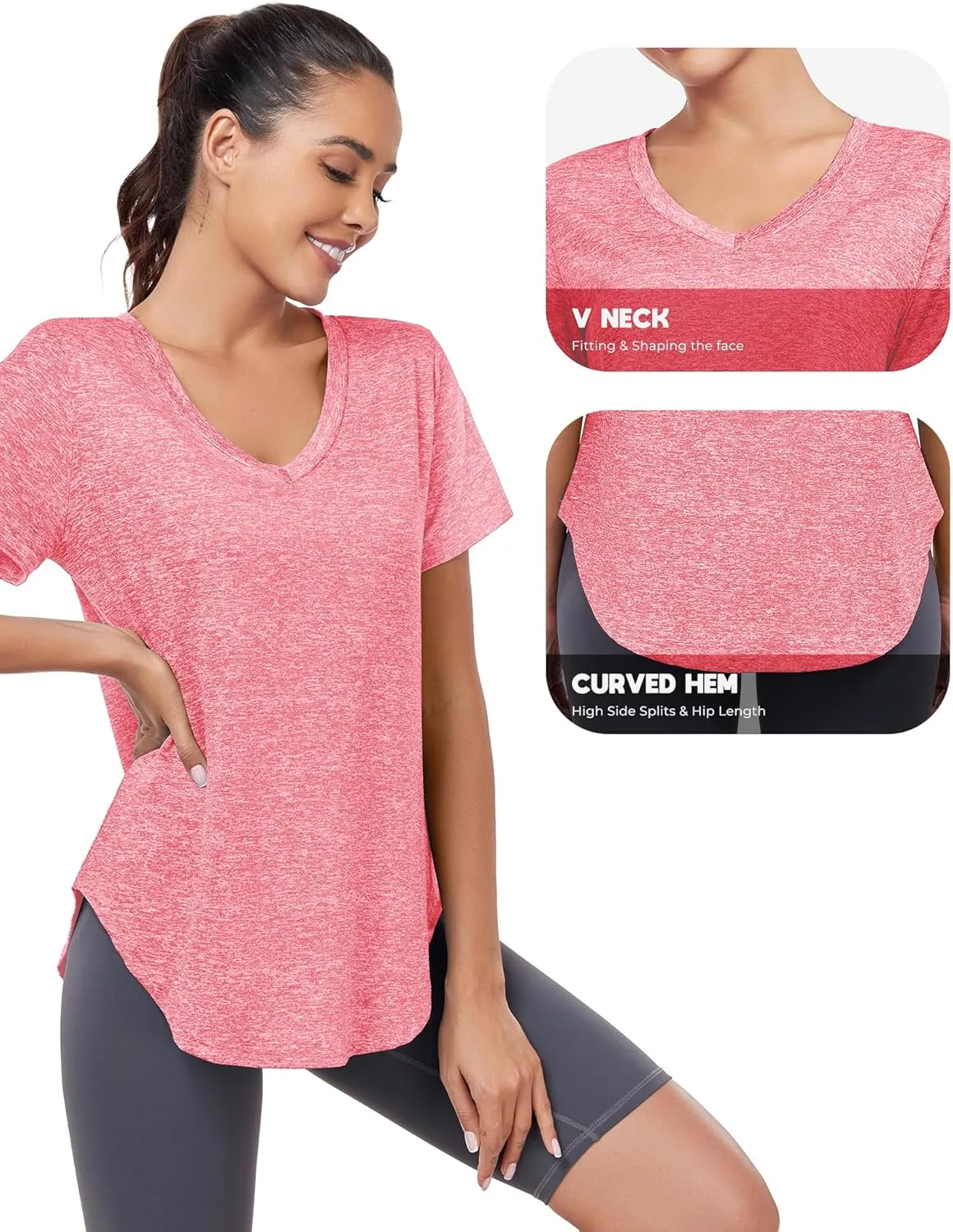 Short Sleeve Workout Shirts Women Loose Fit, V-Neck Women Exercise T-Shirt Workout Top, Dry Fit Yoga Gym Sport Tops