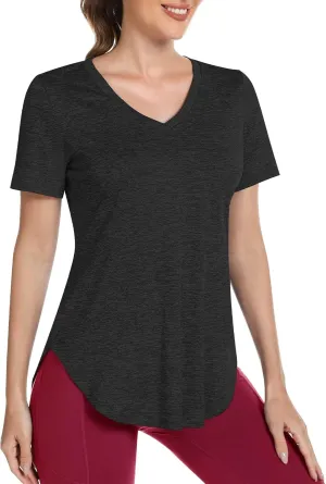 Short Sleeve Workout Shirts Women Loose Fit, V-Neck Women Exercise T-Shirt Workout Top, Dry Fit Yoga Gym Sport Tops