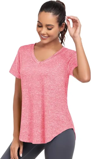 Short Sleeve Workout Shirts Women Loose Fit, V-Neck Women Exercise T-Shirt Workout Top, Dry Fit Yoga Gym Sport Tops