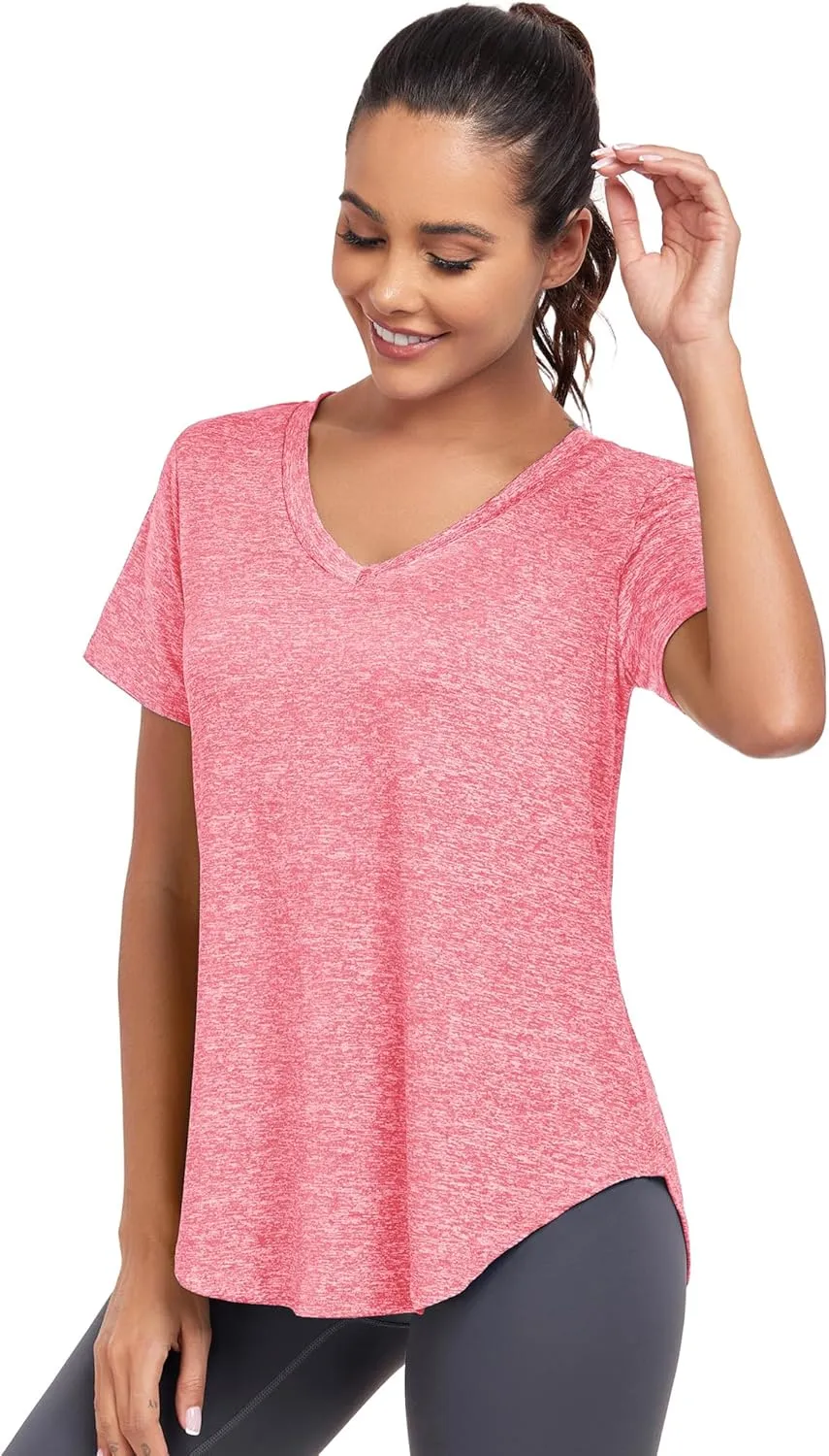 Short Sleeve Workout Shirts Women Loose Fit, V-Neck Women Exercise T-Shirt Workout Top, Dry Fit Yoga Gym Sport Tops