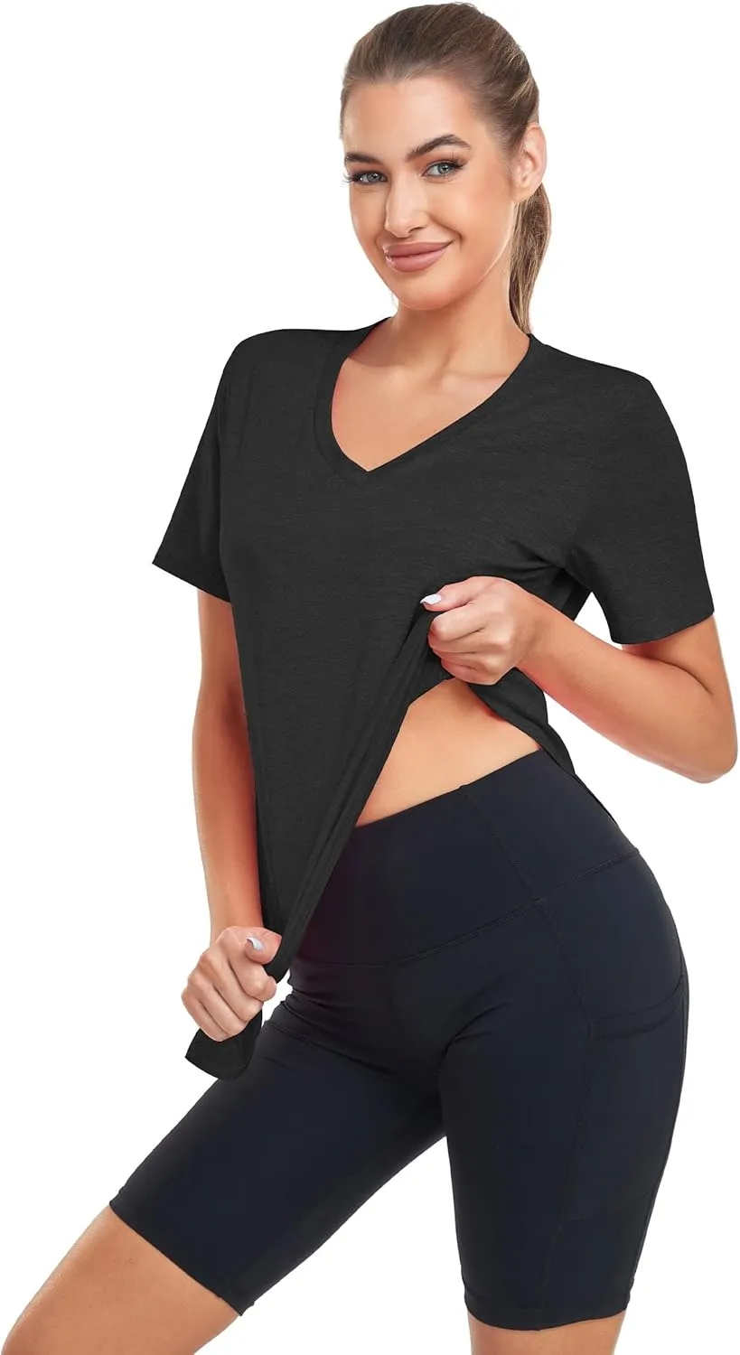 Short Sleeve Workout Shirts Women Loose Fit, V-Neck Women Exercise T-Shirt Workout Top, Dry Fit Yoga Gym Sport Tops