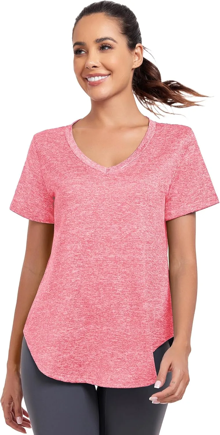 Short Sleeve Workout Shirts Women Loose Fit, V-Neck Women Exercise T-Shirt Workout Top, Dry Fit Yoga Gym Sport Tops