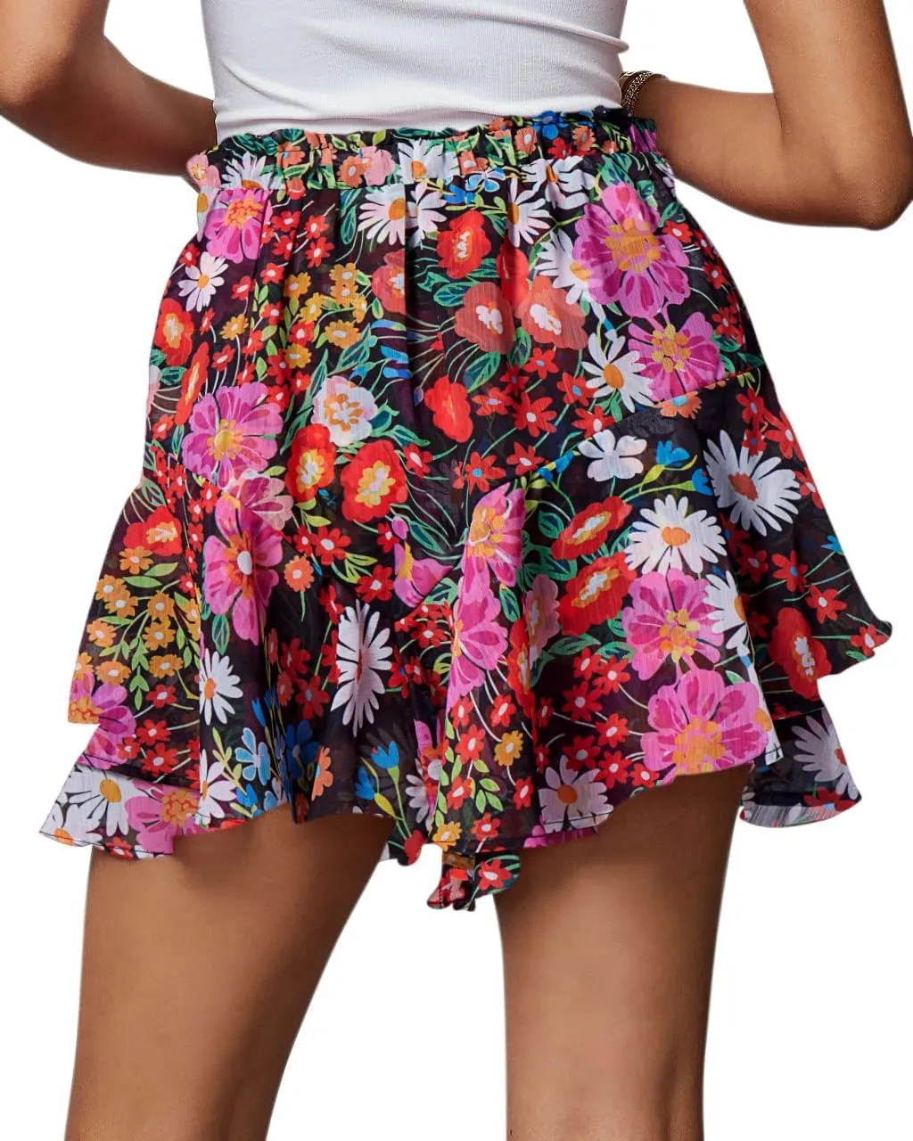 Siliteelon Flowy Boho Floral Skorts Ruffle Mini Chiffon Shorts for Women - Casual, Running, Tennis