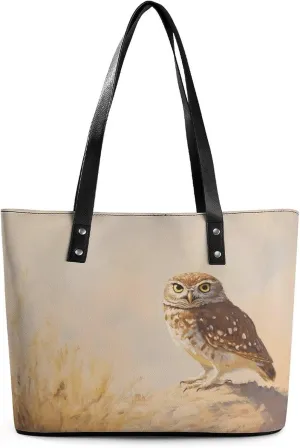 Snowy Owl in A Coastal Beach Snowy Women Soft Leather Handbags Tote Purses Shoulder Bucket Bags