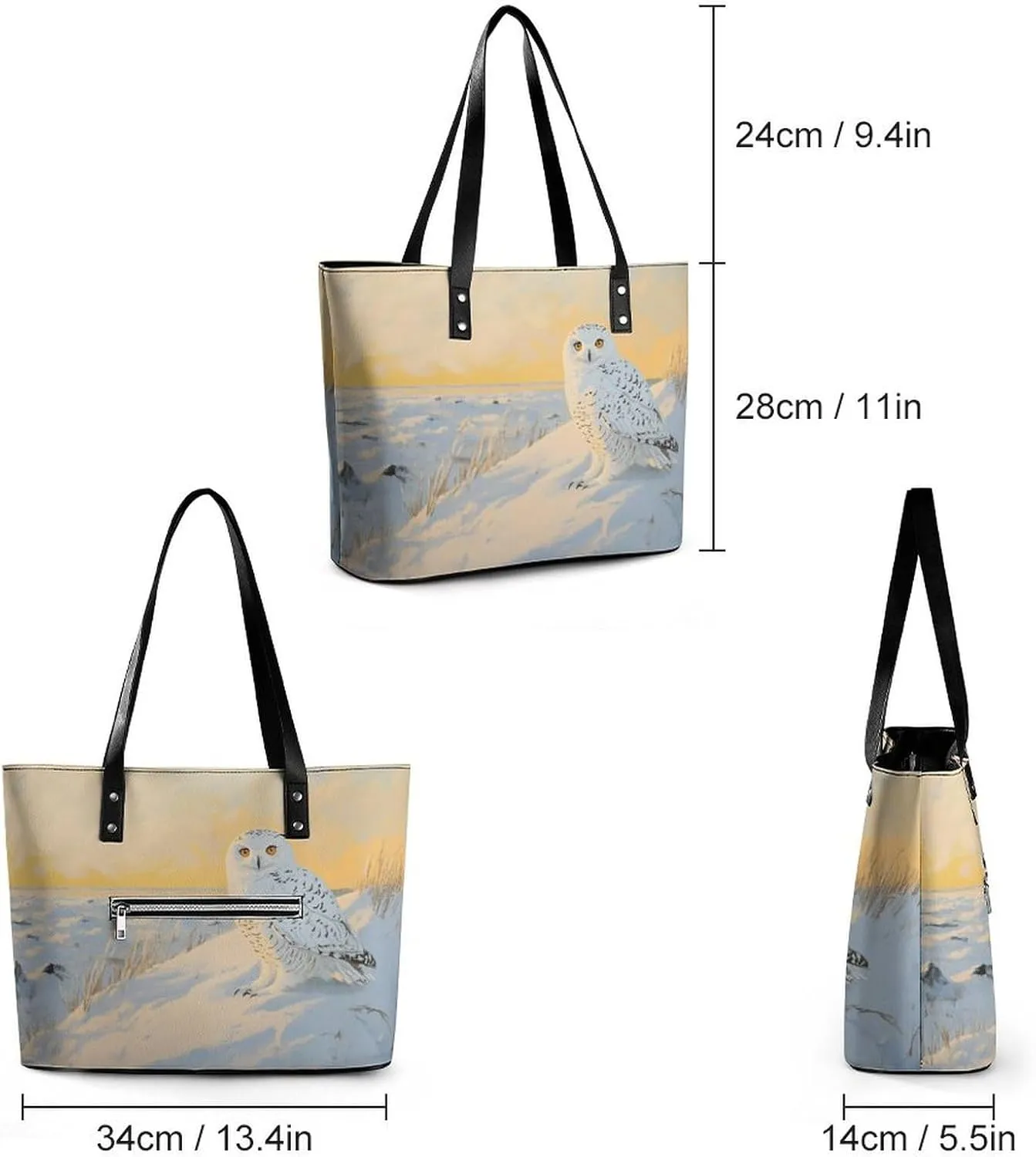Snowy Owl in A Coastal Beach Snowy Women Soft Leather Handbags Tote Purses Shoulder Bucket Bags