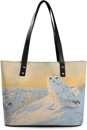 Snowy Owl in A Coastal Beach Snowy Women Soft Leather Handbags Tote Purses Shoulder Bucket Bags