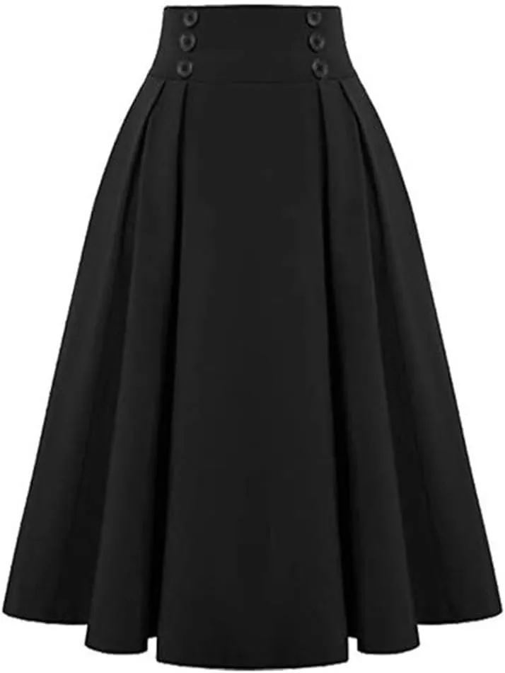 Sorrica Women's Vintage Flared A line Skirt High Waist Pleated Midi Skirt with Pocket