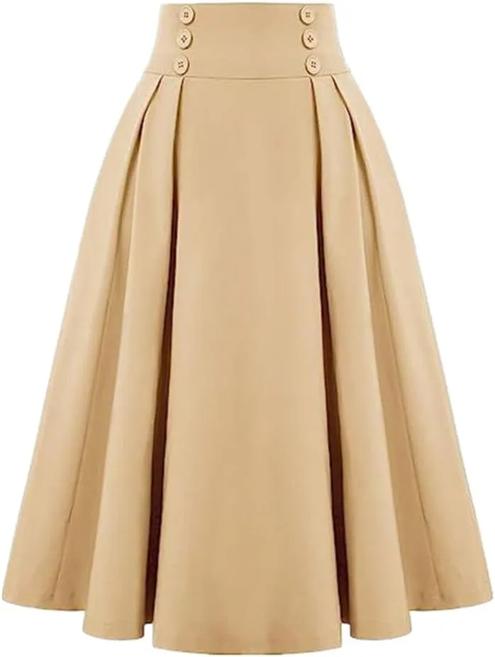 Sorrica Women's Vintage Flared A line Skirt High Waist Pleated Midi Skirt with Pocket