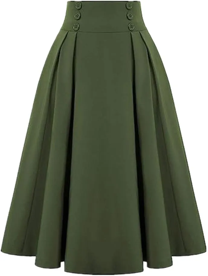 Sorrica Women's Vintage Flared A line Skirt High Waist Pleated Midi Skirt with Pocket